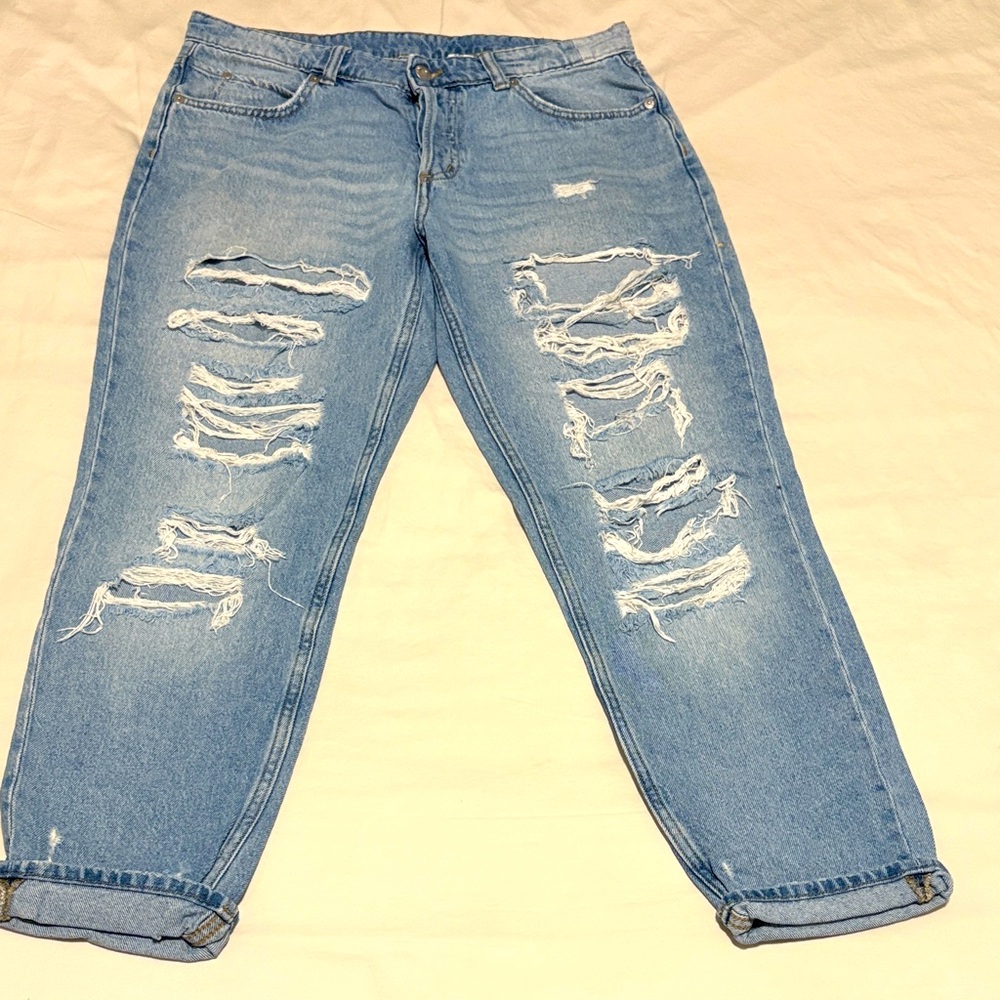 Distressed Light Blue Denim Boyfriend Jeans